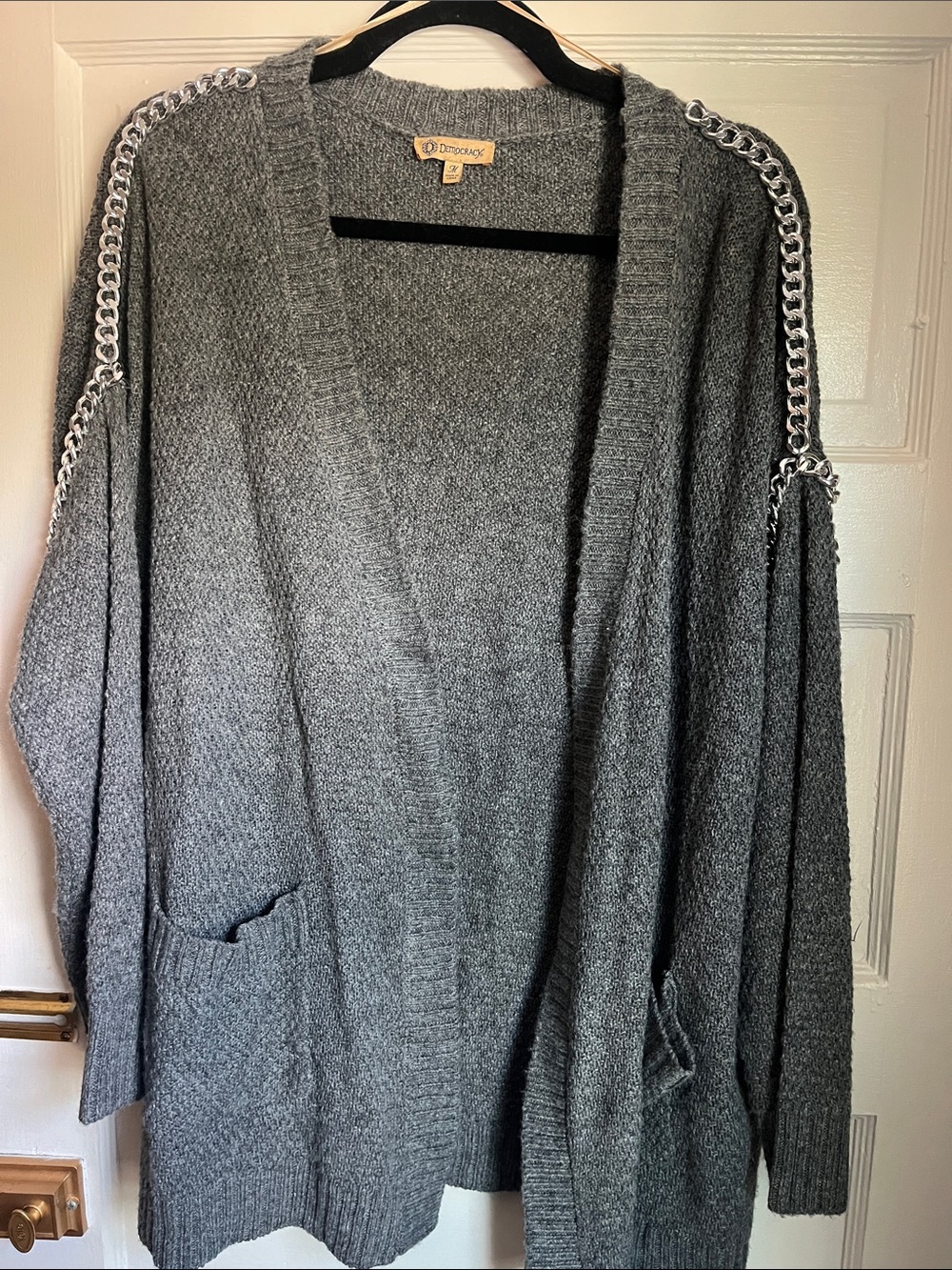 Democracy Gray Open-Front Cardigan with Silver Chain Trim